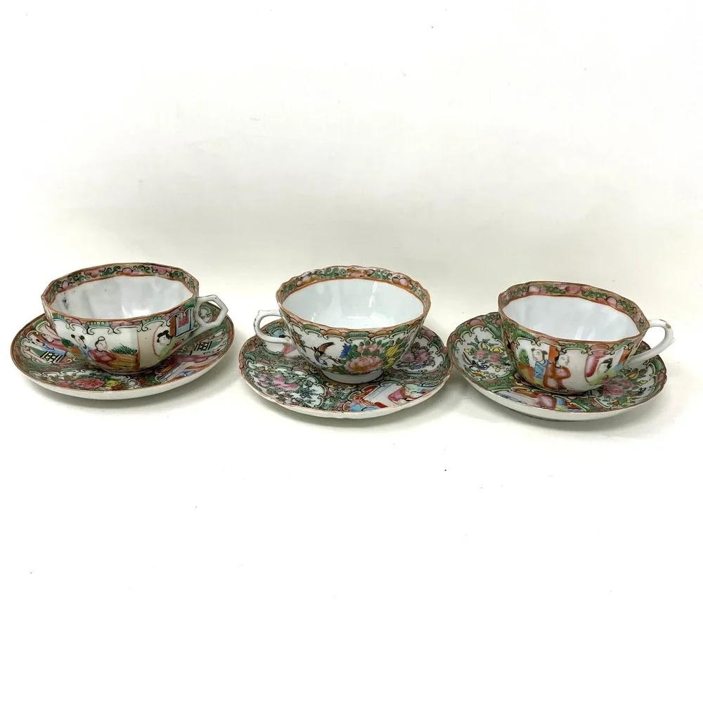 Antique Rose Medallion Chinese Porcelain Tea Cup & Saucer‎ Lot Of 3 Asian Art